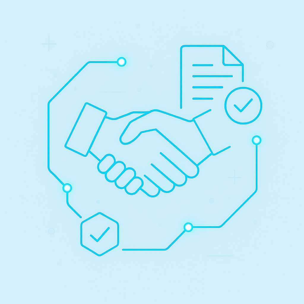 Handshake graphic with document and checkmarks, light blue lines.