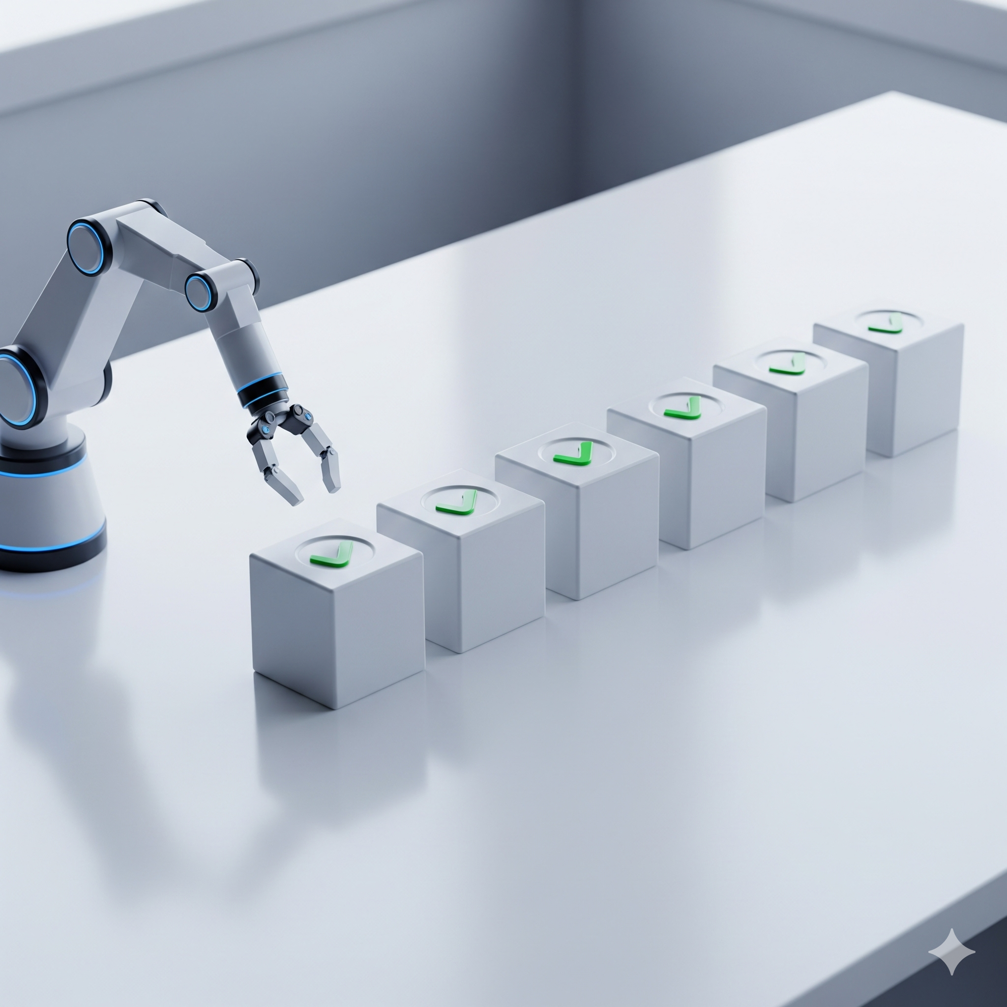 Robot arm arranging cubes with green checkmarks on a white table.