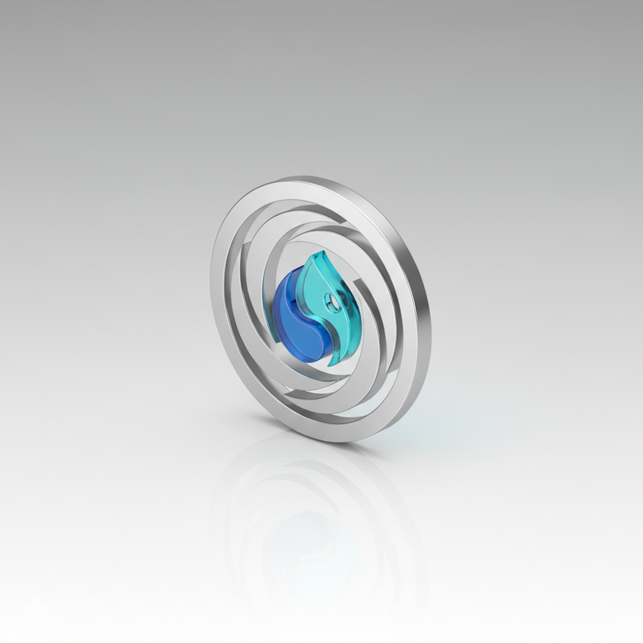 3D silver and blue logo with swirl design on gray gradient background.