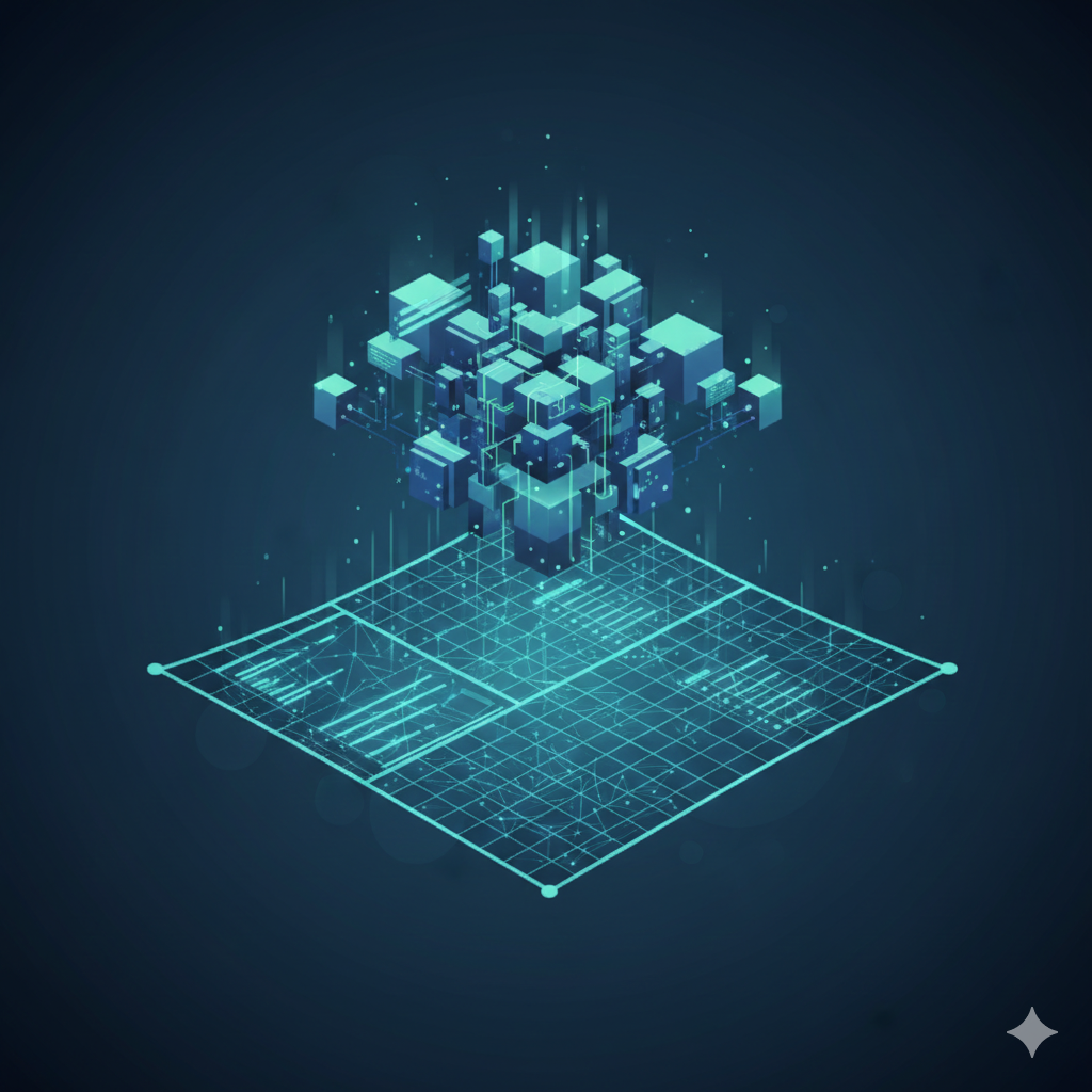 3D digital grid with glowing cubes floating above, set on a dark blue background.