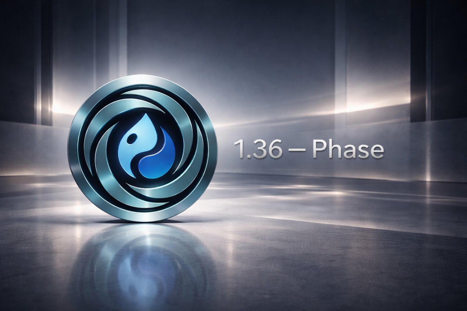 Silver and blue logo, glossy reflective floor. Text reads: "1.36 - Phase".