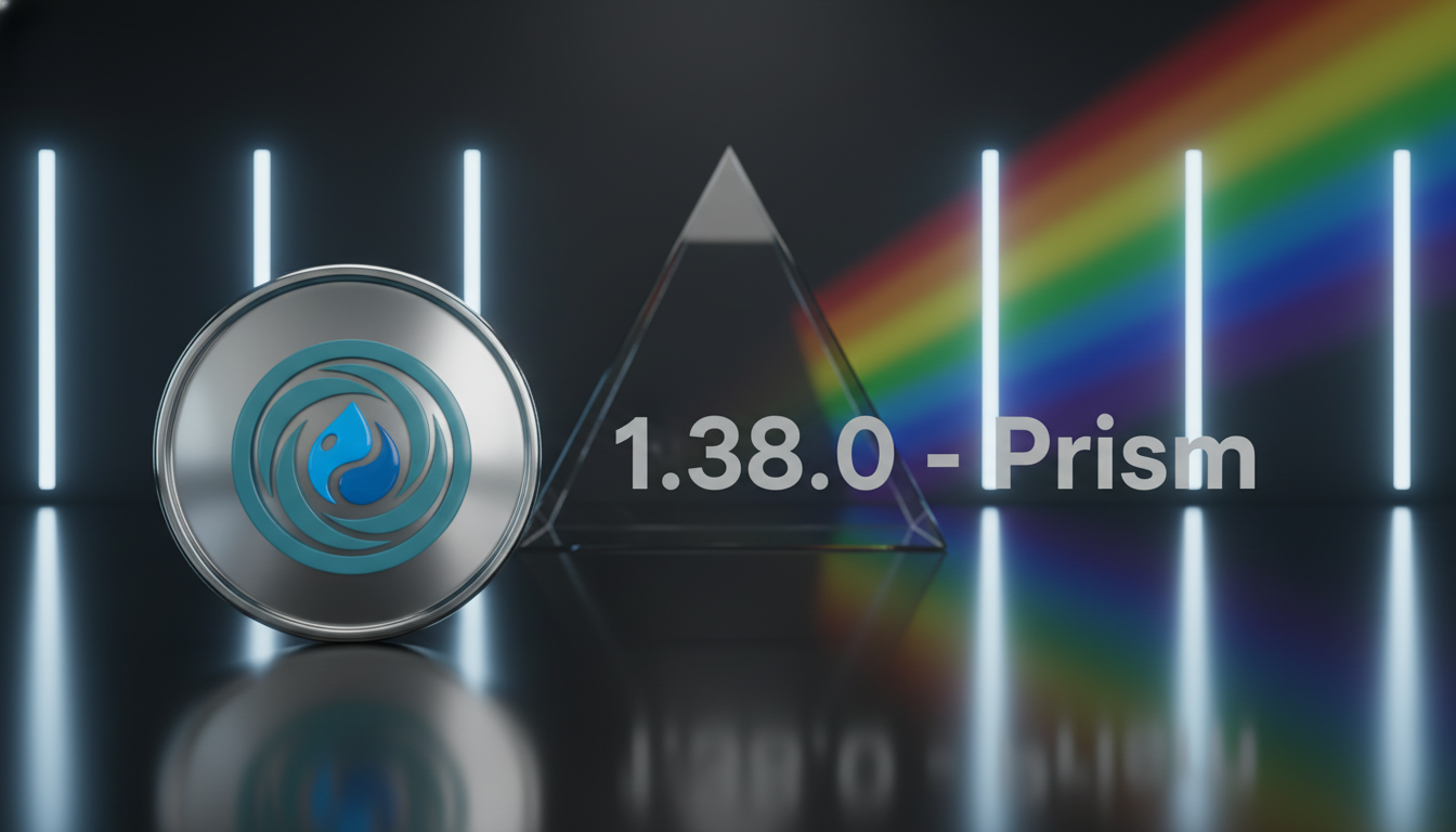 Polished chrome medallion on the left bearing the Vortex blue water-droplet swirl logo; on the right, light-grey sans-serif text reads "1.38.0 - Prism"; behind it, a dark studio with tall vertical light columns and a triangular glass prism dispersing white light into a vivid rainbow spectrum across a glossy mirror floor. 