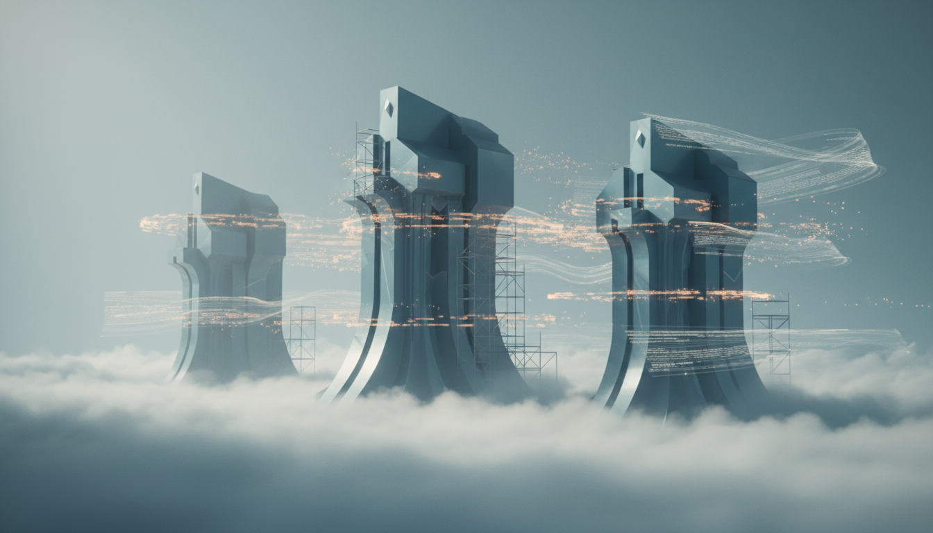 Three tall translucent architectural towers rising from soft mist, connected by warm amber light trails against a cool slate-blue sky.