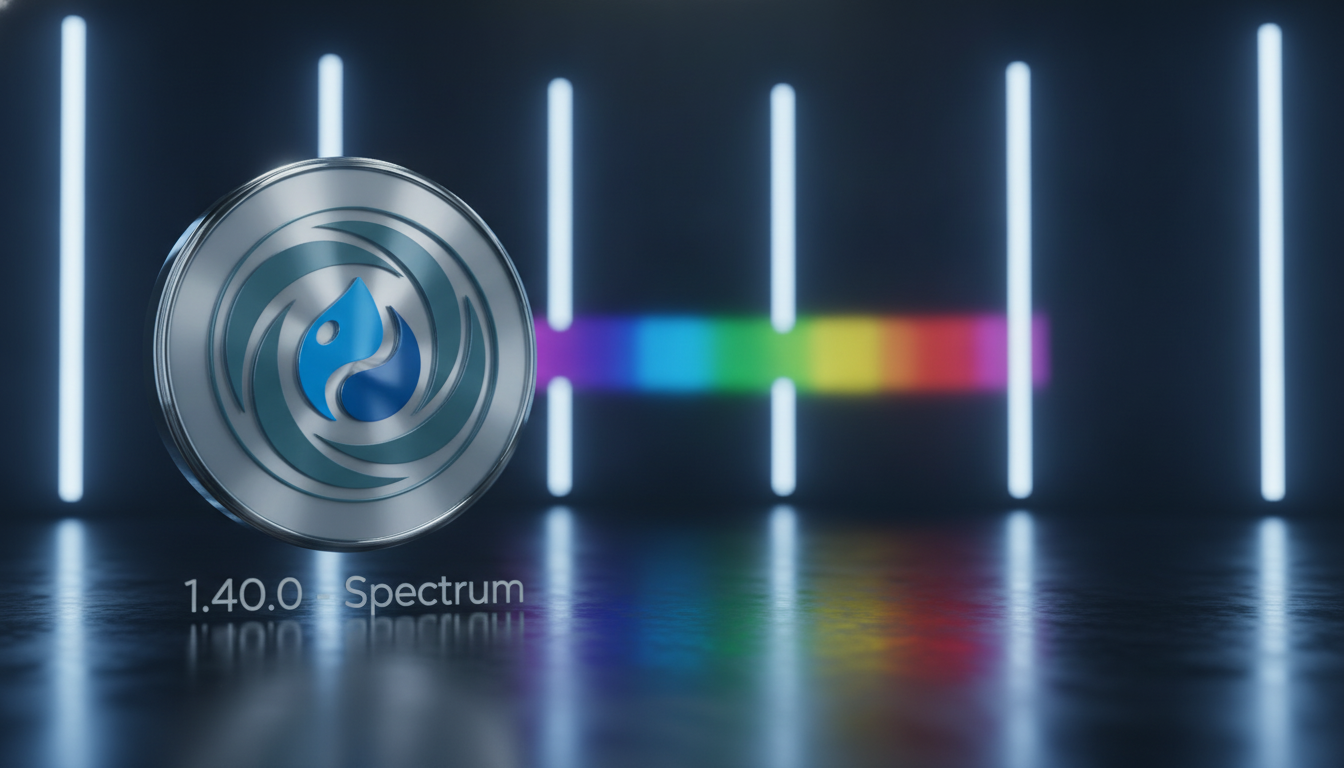 The Vortex 1.40.0 Spectrum release hero: a metallic emblem holding the blue Drupal drop logo, lit by vertical light bars and a horizontal rainbow spectrum across a dark, reflective studio backdrop.