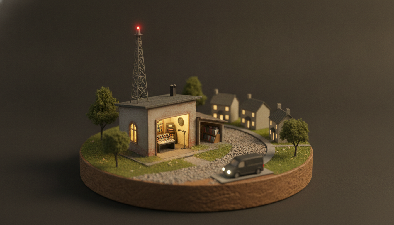 Illustration: a broadcast tower reaching a city, with an archive of stored recordings alongside
