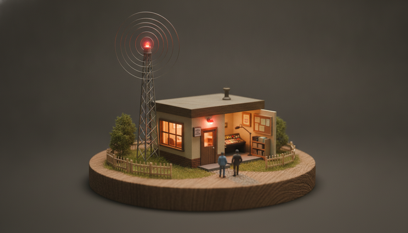 Illustration of a repeating broadcast schedule turning into radio waves