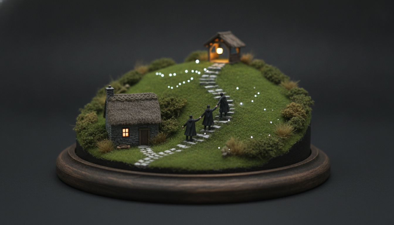 Illustration: people helping one another up a stepped path across soft hills