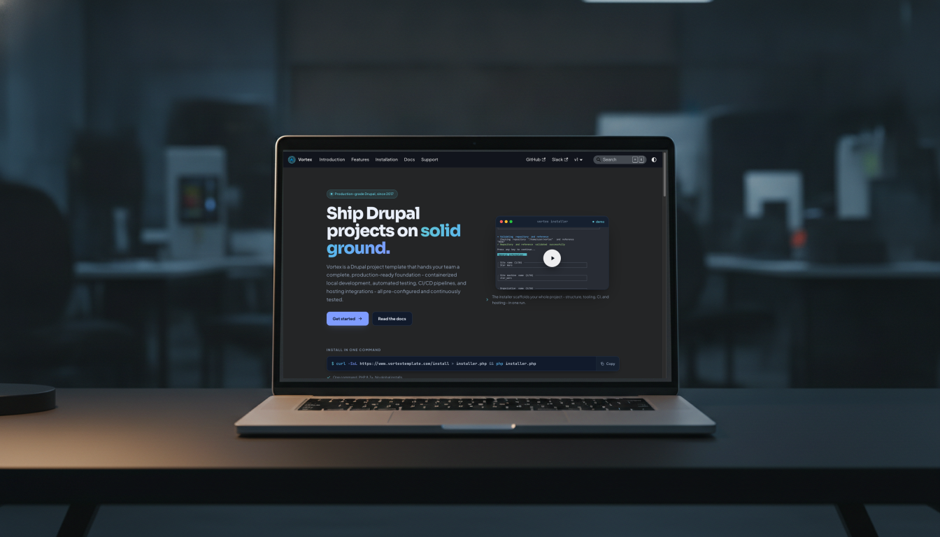 The Vortex project template homepage at vortextemplate.com