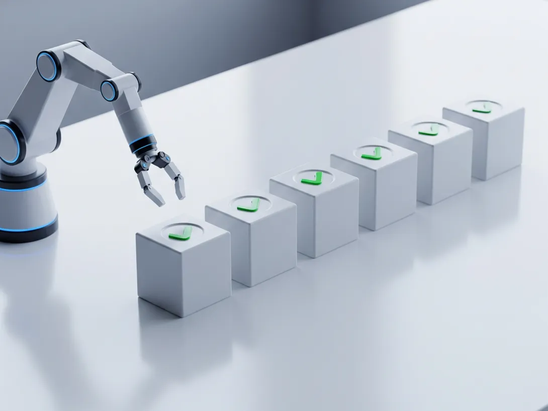 Robot arm arranging cubes with green checkmarks on a white table.