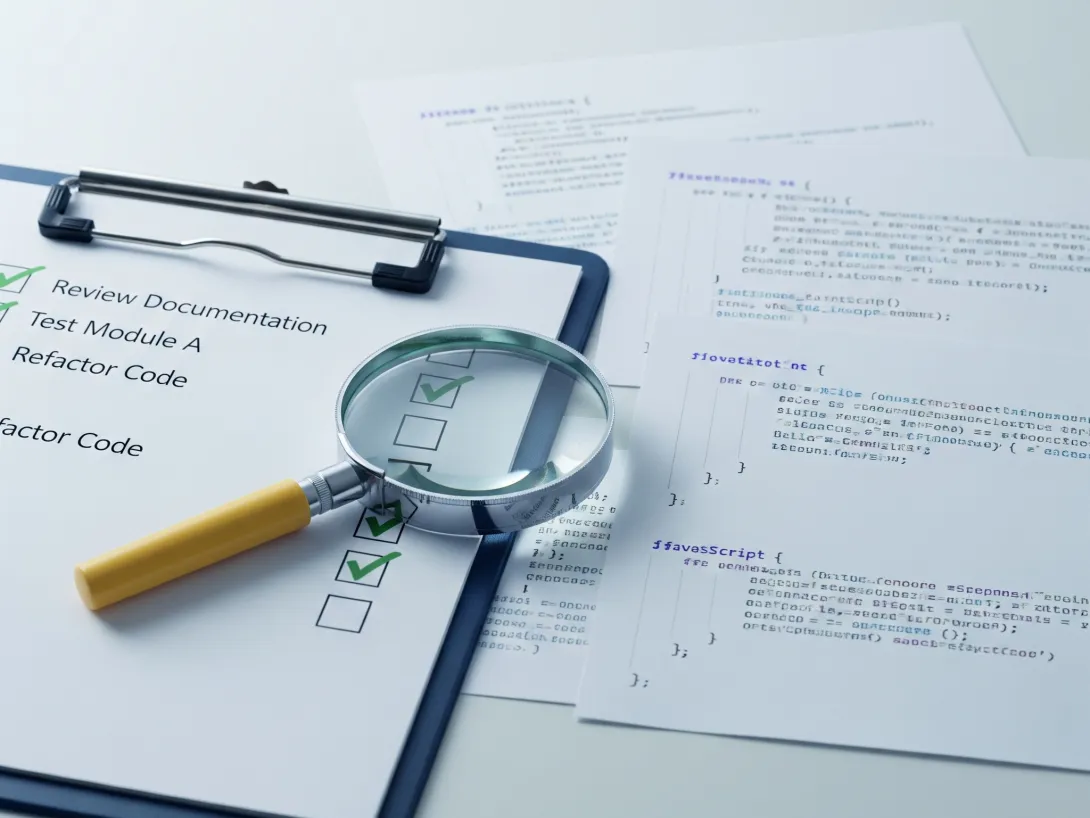 Clipboard with checklist and a magnifying glass on documents.