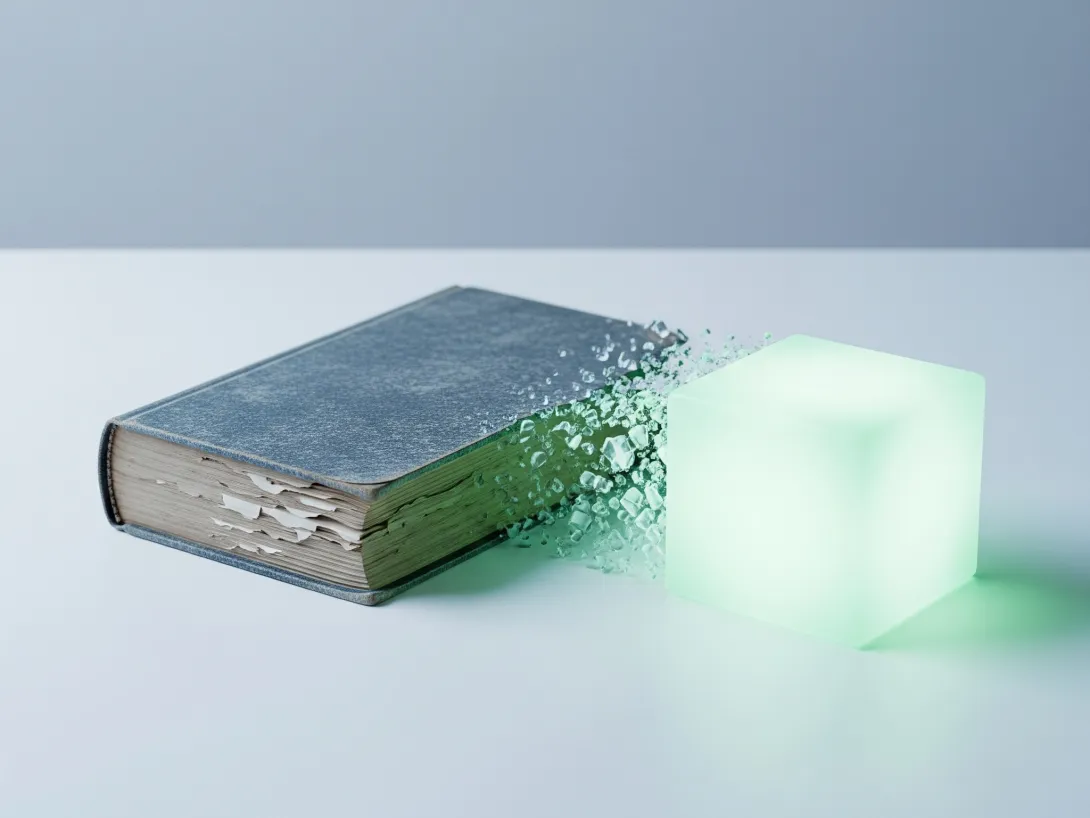 Old book transforming into a glowing cube.