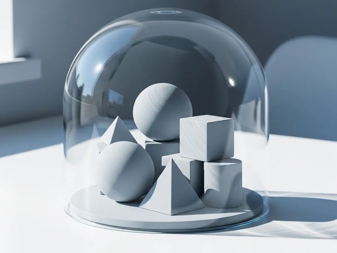 Geometric shapes under a glass dome on a table.
