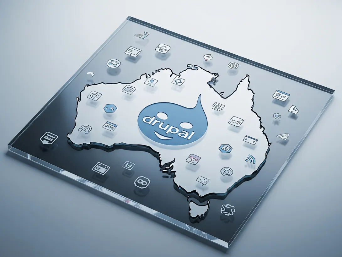 Australia-shaped graphic with Drupal logo in centre.