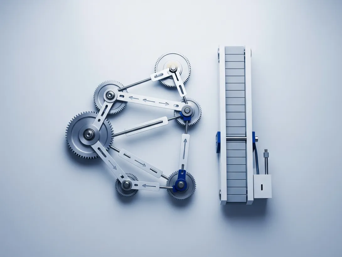 Mechanical gears connected to a vertical sliding mechanism on a light background.