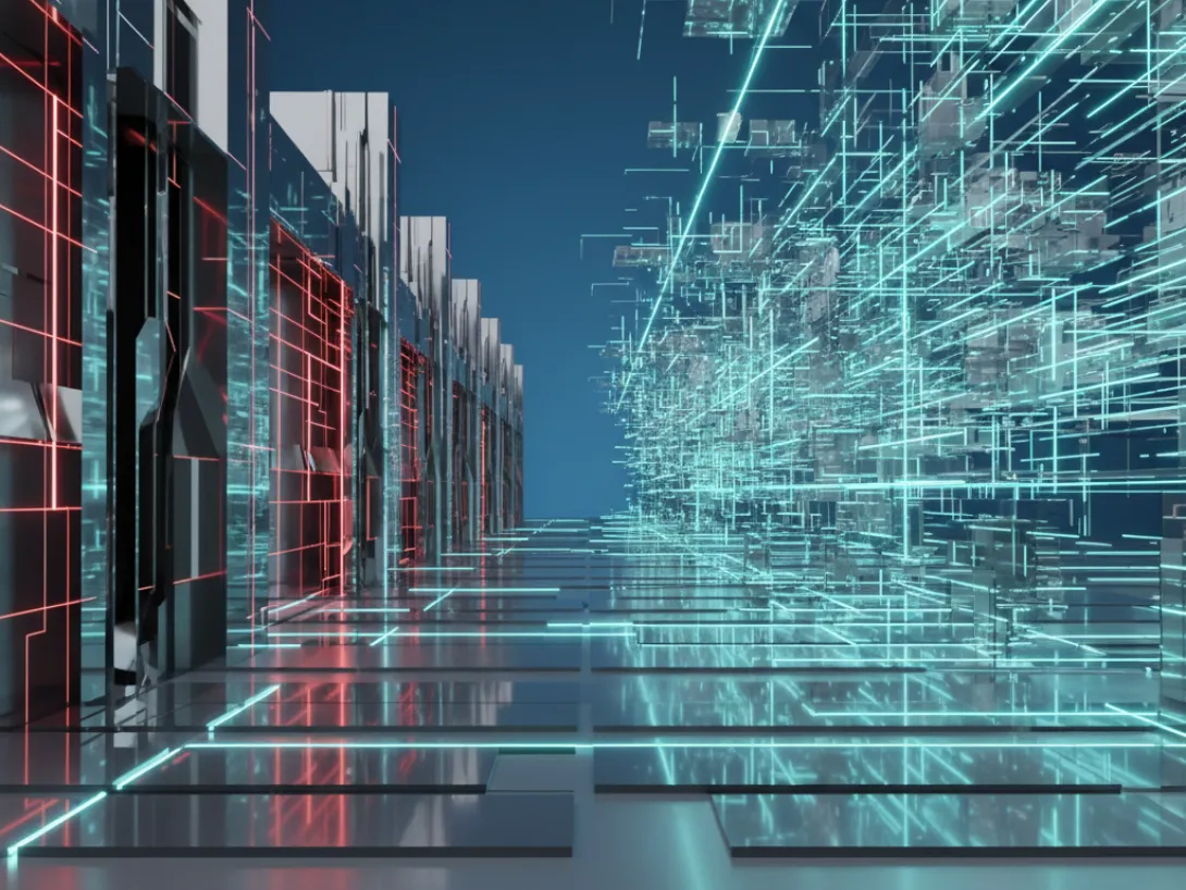 Data center illustration with digital networks and glowing circuits.