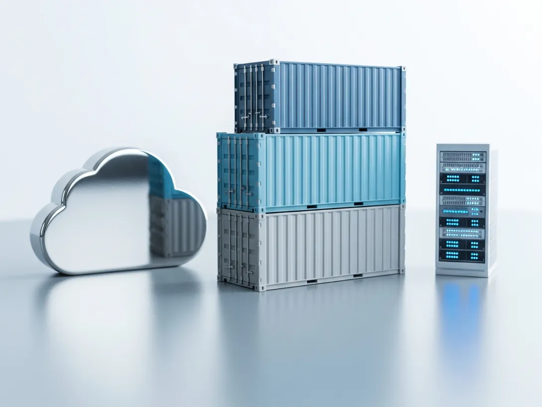 Cloud, stacked containers, and server on reflective surface.