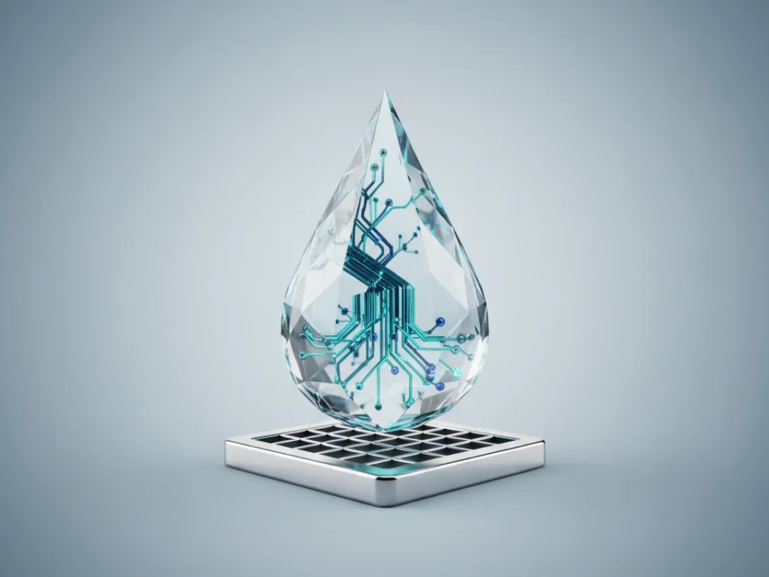 A digital droplet with circuit patterns on a square base.