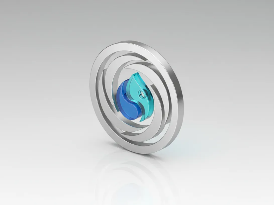 3D silver and blue logo with swirl design on gray gradient background.