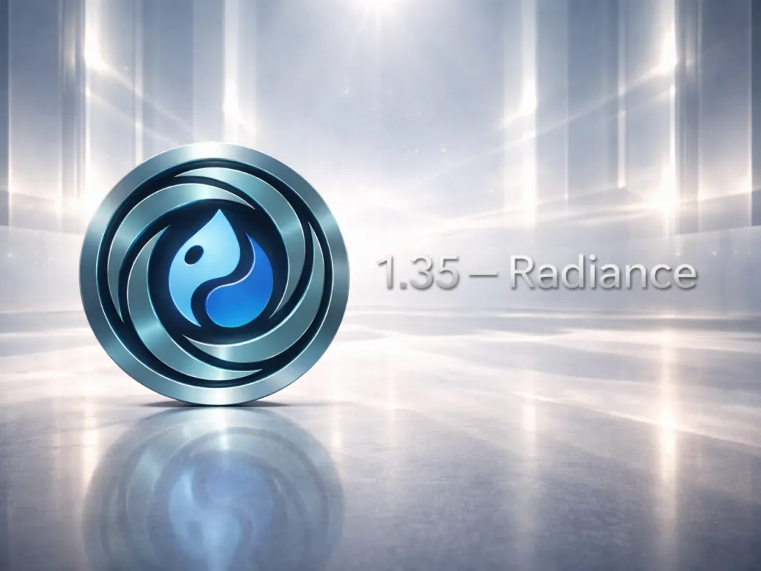 Shiny metallic logo with a blue swirl on a reflective surface.