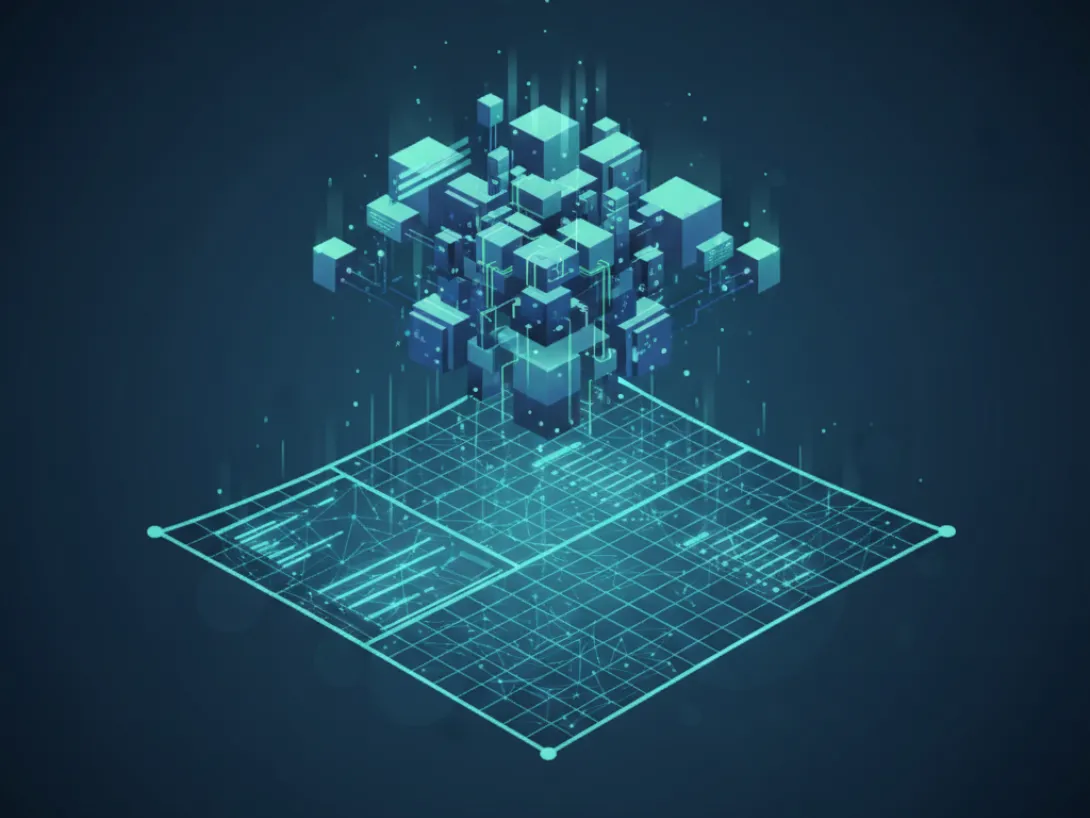 3D digital grid with glowing cubes floating above, set on a dark blue background.