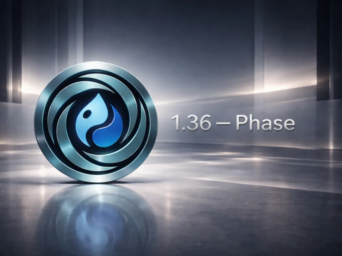 Silver and blue logo, glossy reflective floor. Text reads: "1.36 - Phase".