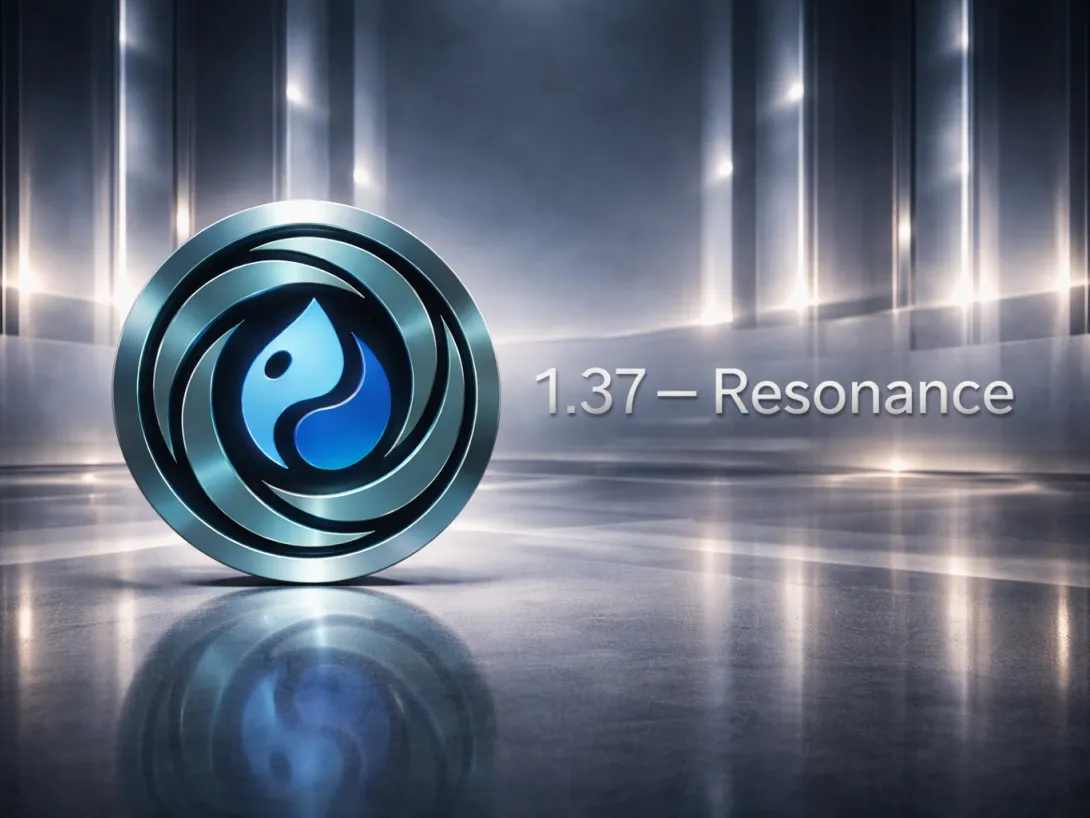 Silver and blue logo, glossy reflective floor. Text reads: "1.37 - Resonance".
