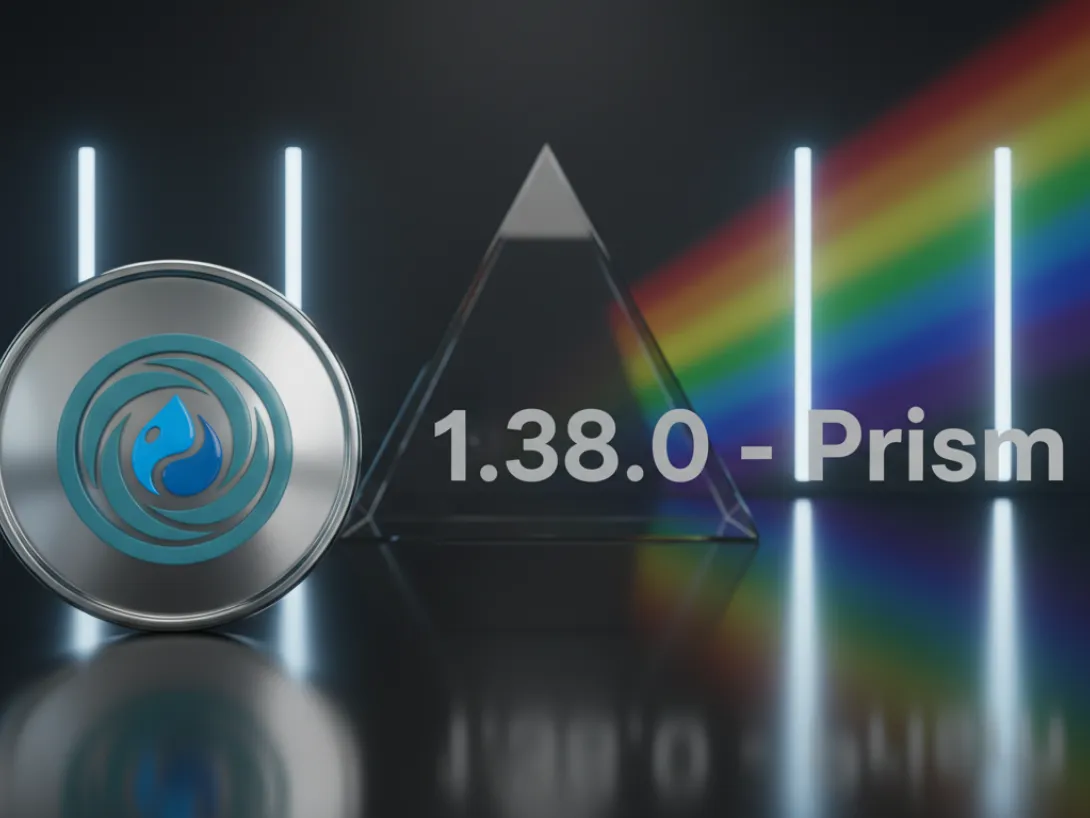 Polished chrome medallion on the left bearing the Vortex blue water-droplet swirl logo; on the right, light-grey sans-serif text reads "1.38.0 - Prism"; behind it, a dark studio with tall vertical light columns and a triangular glass prism dispersing white light into a vivid rainbow spectrum across a glossy mirror floor. 
