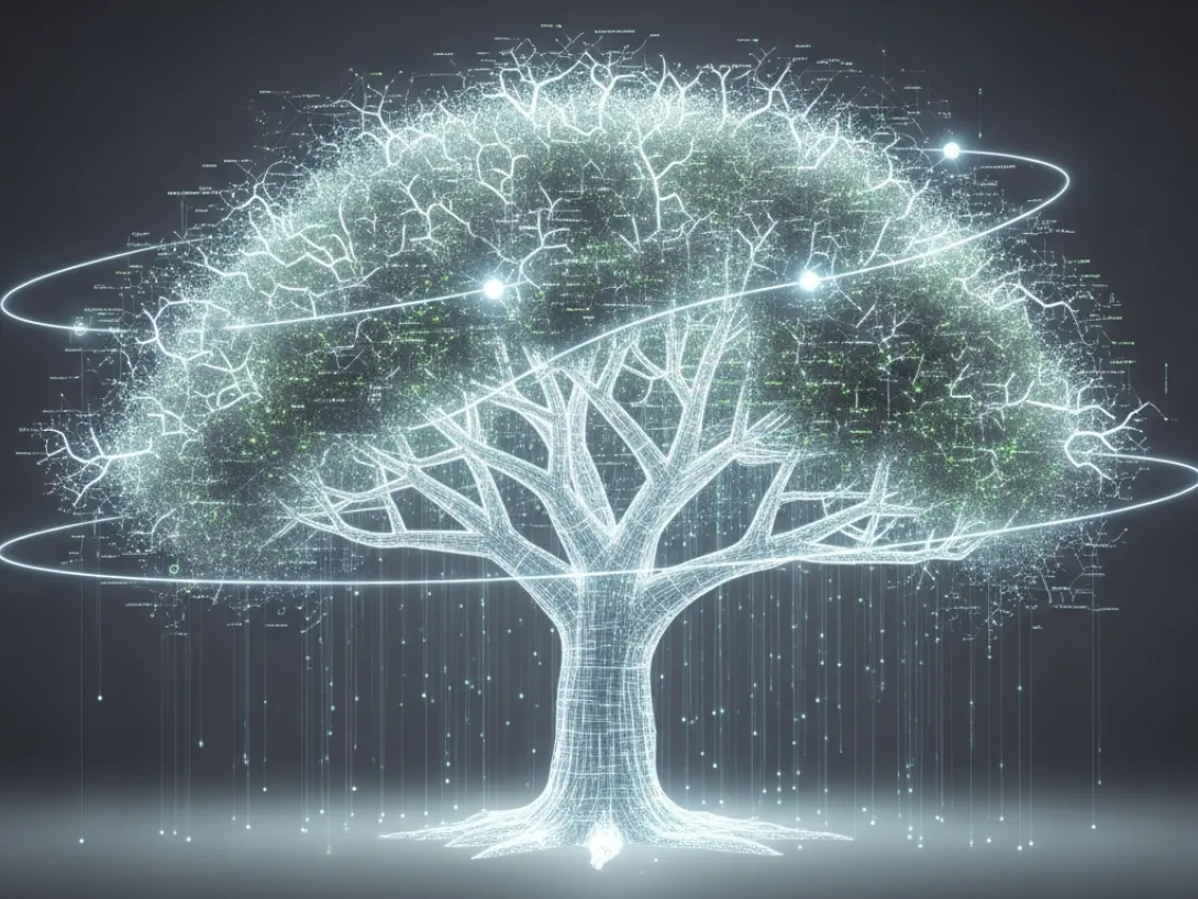 Digital tree with glowing branches and orbiting rings.