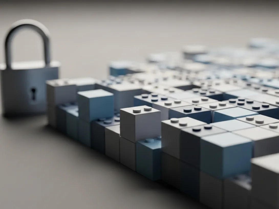 Silver padlock next to a structured grid of light blue and white building blocks.
