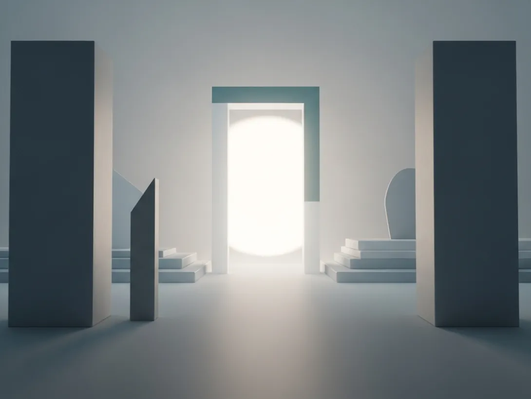 Minimalist architectural hallway with a bright doorway ahead.