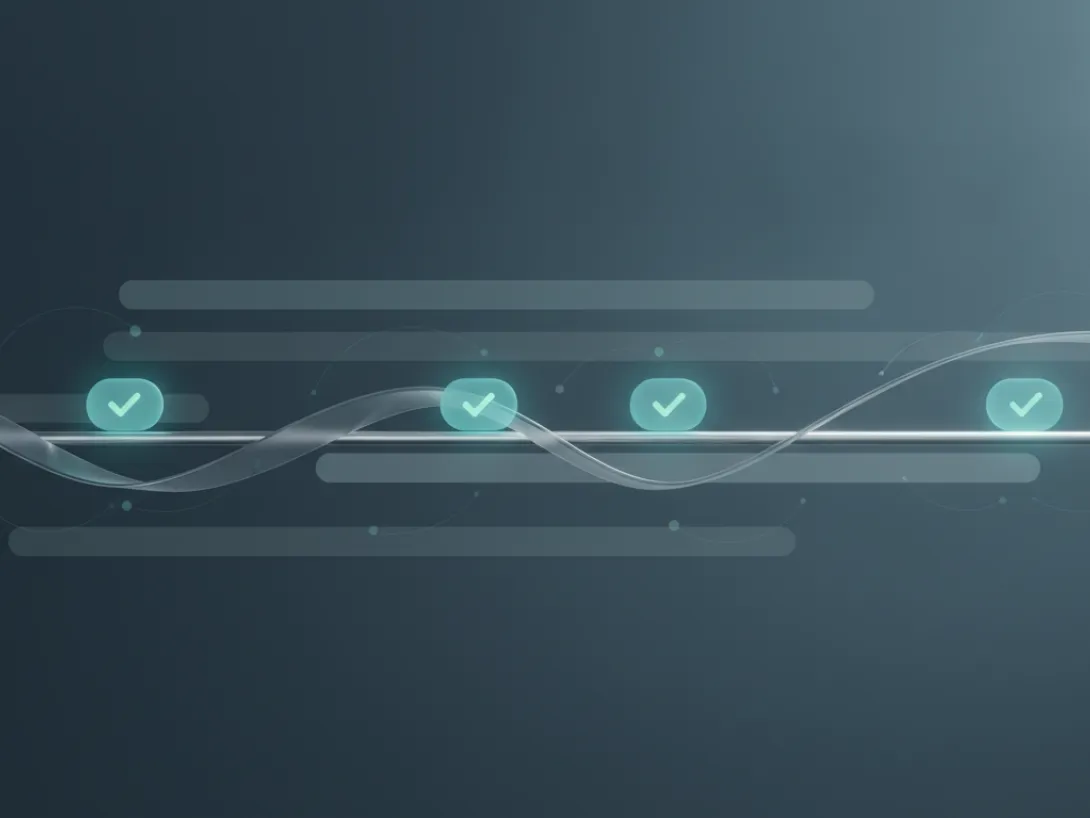 A calm, minimalist illustration in deep slate blue and teal: a continuous flowing line crosses a series of tiers marked with small teal check-marks, suggesting a platform brought up to its latest version with passing tests at each stage.