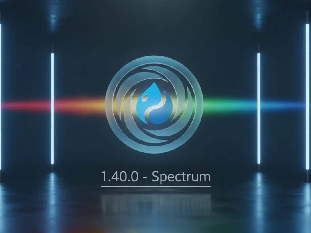 Logo with a water droplet inside a circular design, set against a rainbow spectrum and neon lights.