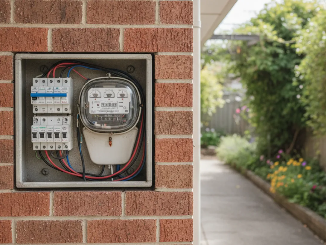 Outdoor electrical meter and breakers mounted on a brick wall with a garden path.