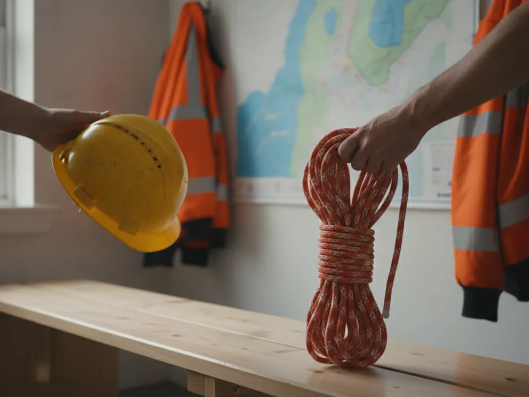Hands lifting a hard hat and rescue rope from a station bench