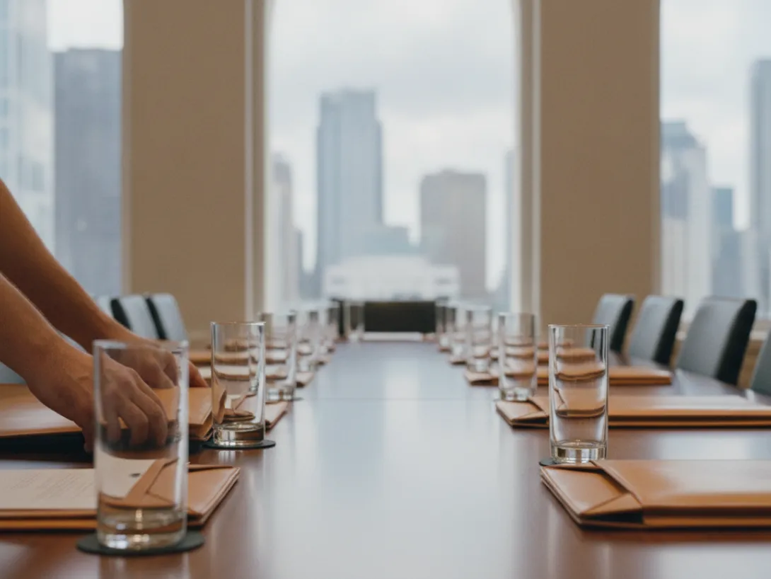 Hands setting a briefing table before a delegation