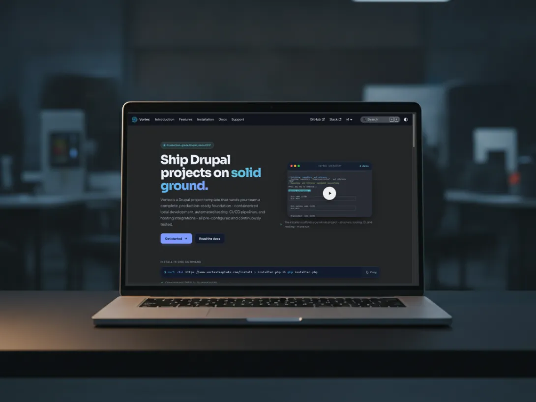 The Vortex project template homepage at vortextemplate.com