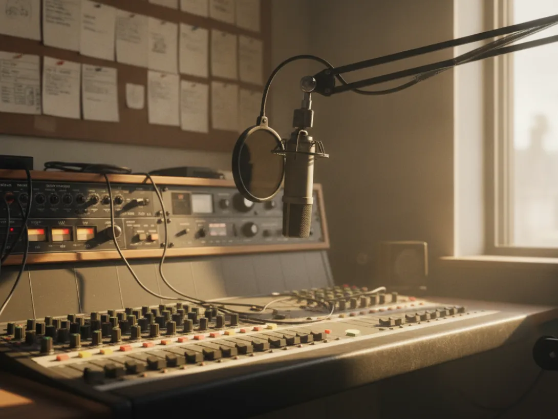 A vintage audio mixing board with a microphone on a boom arm, bathed in warm sunlight.
