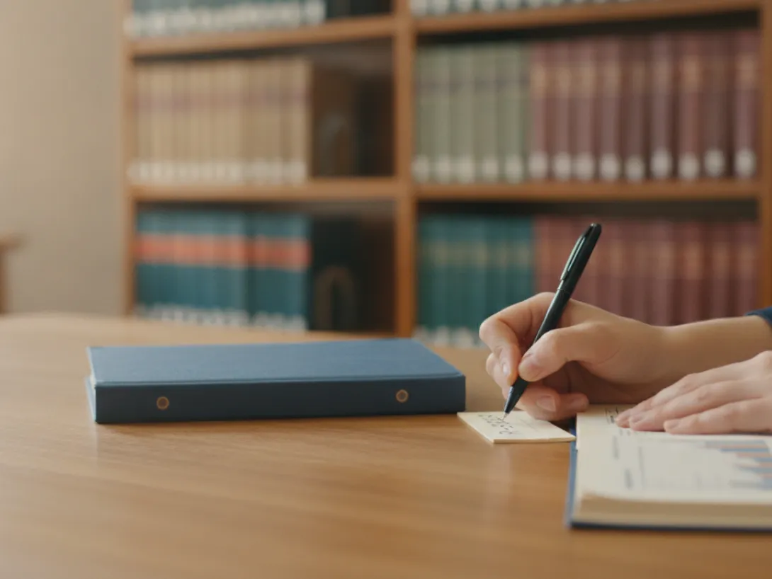 Hands writing a reference onto a card beside a research report