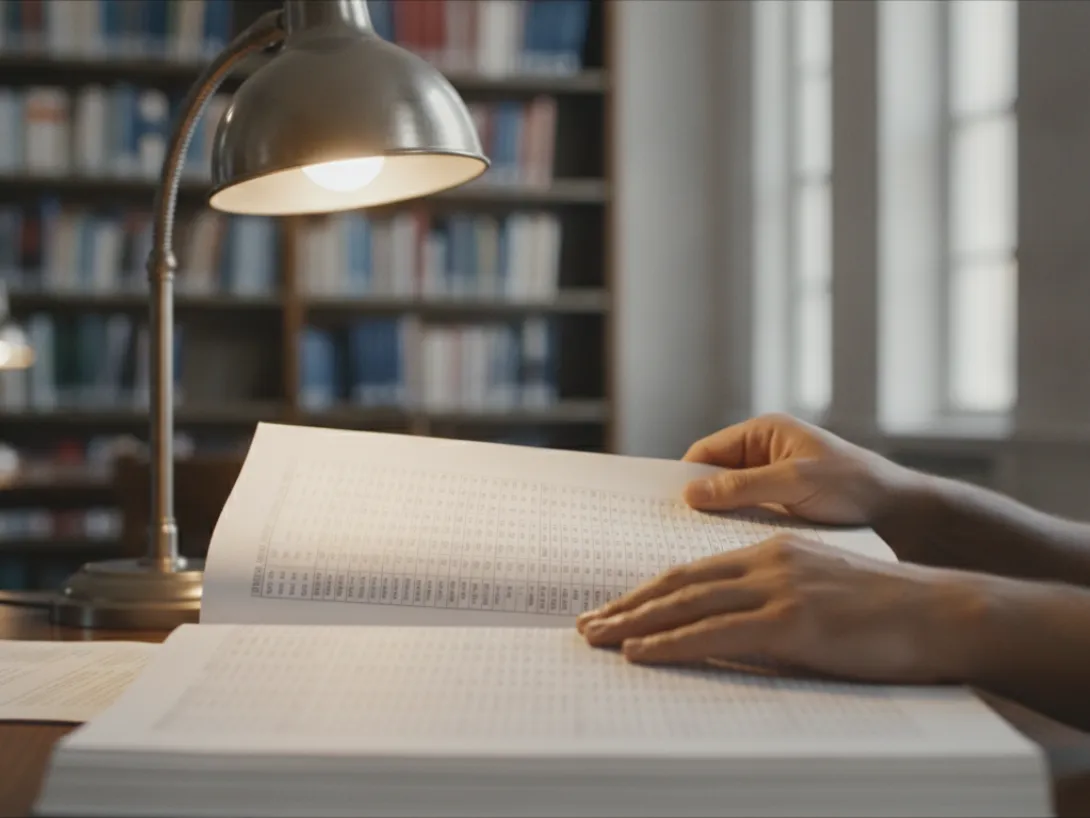 Hands turning pages of a printed data table at a reading desk