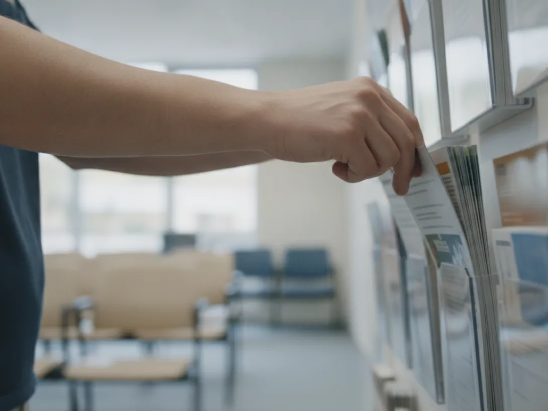 Hands restocking leaflets in a public service rack