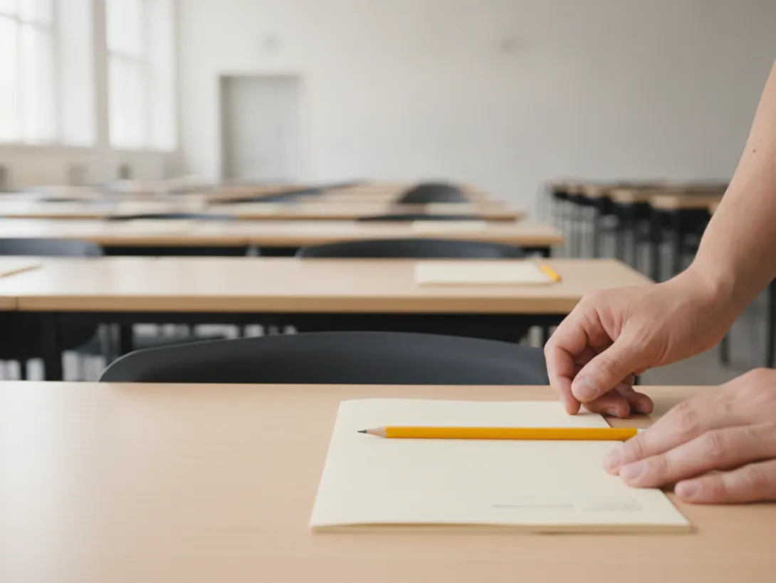 Hands laying out an answer booklet in an assessment hall