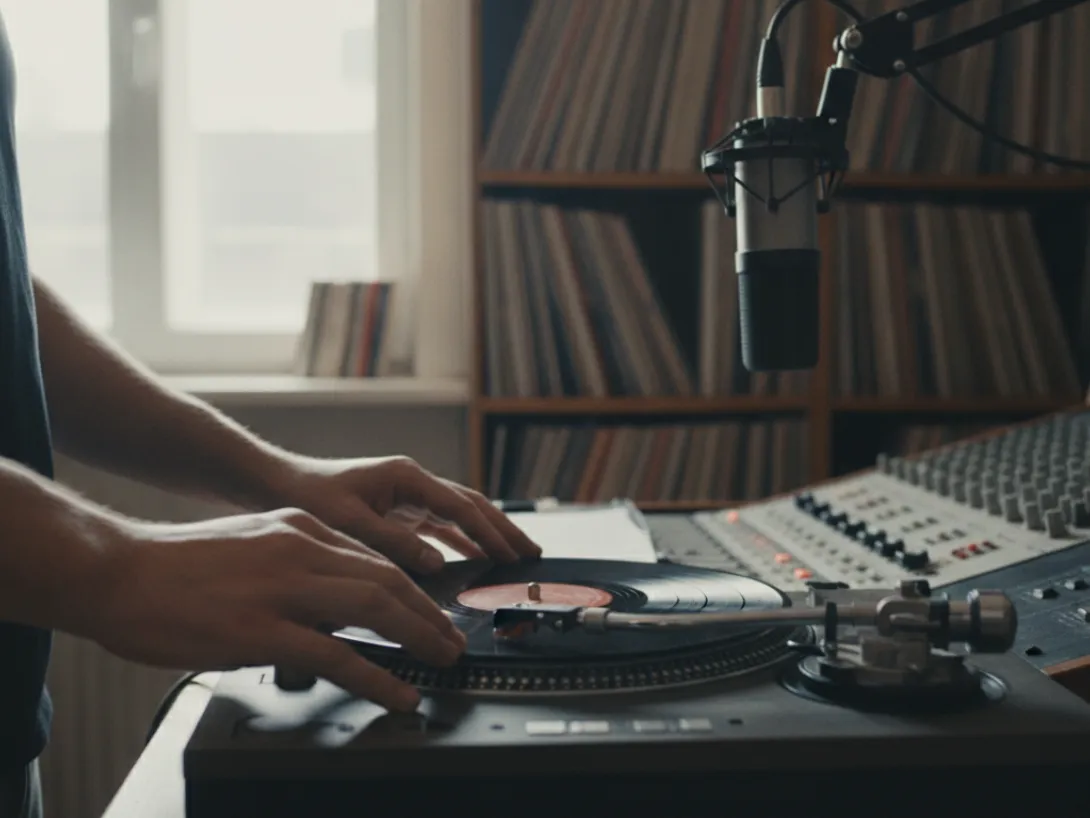 Hands cueing a record on a turntable in a radio studio