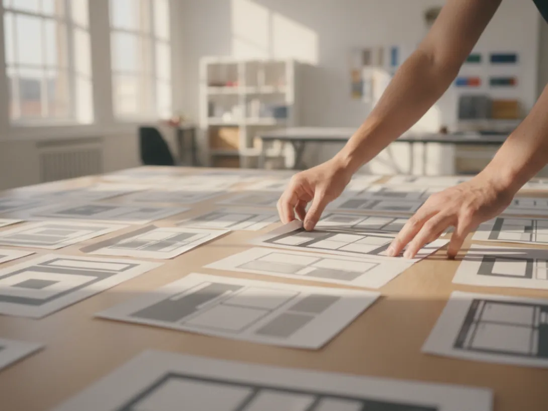 Hands arranging architectural floor plans on a large table.