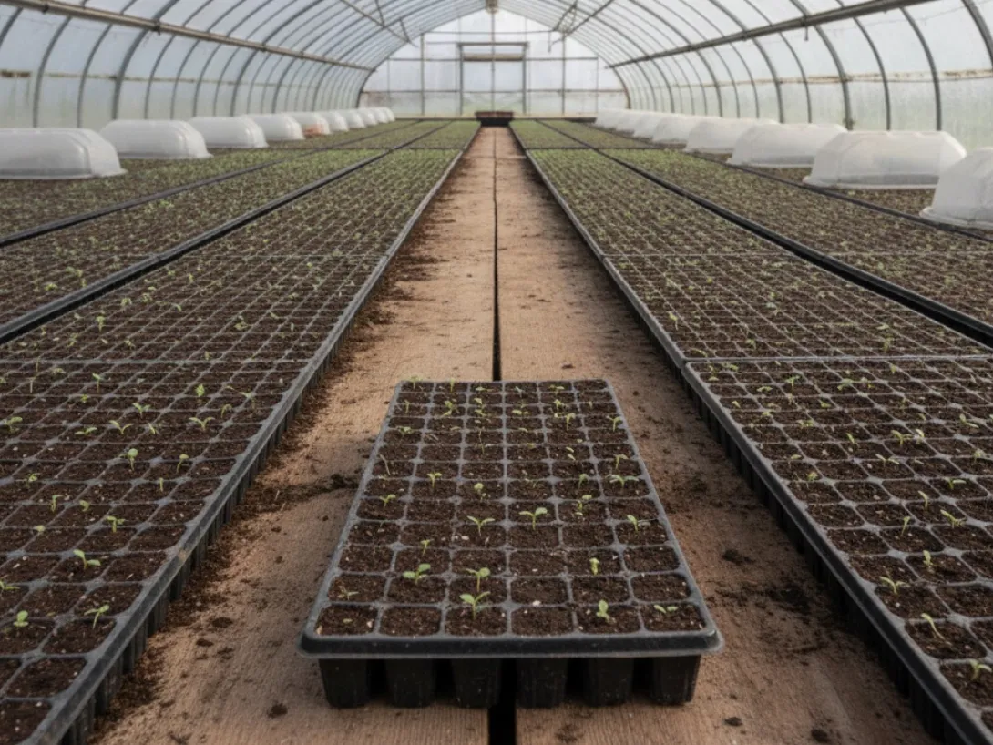 Rows of identical seedling trays in a glasshouse, one tray pulled out onto the path