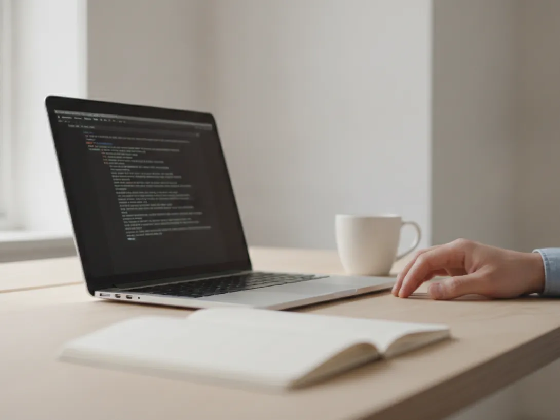 Laptop with code on screen, notebook and coffee cup on desk.