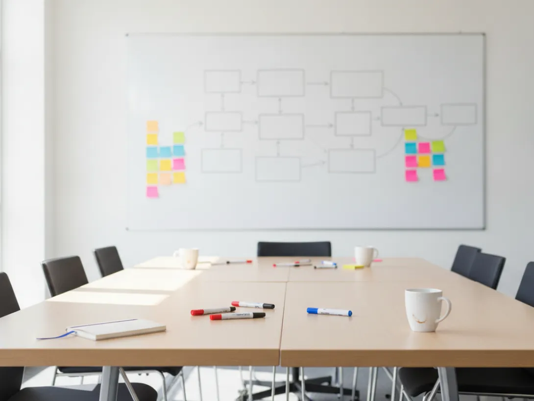 An empty meeting room after a planning workshop, with boxes joined by arrows drawn on a whiteboard and marker pens and coffee cups left on the table