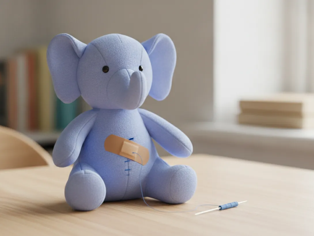 A pale blue plush elephant on a timber desk with a plaster over a freshly stitched seam, a needle and blue thread beside it