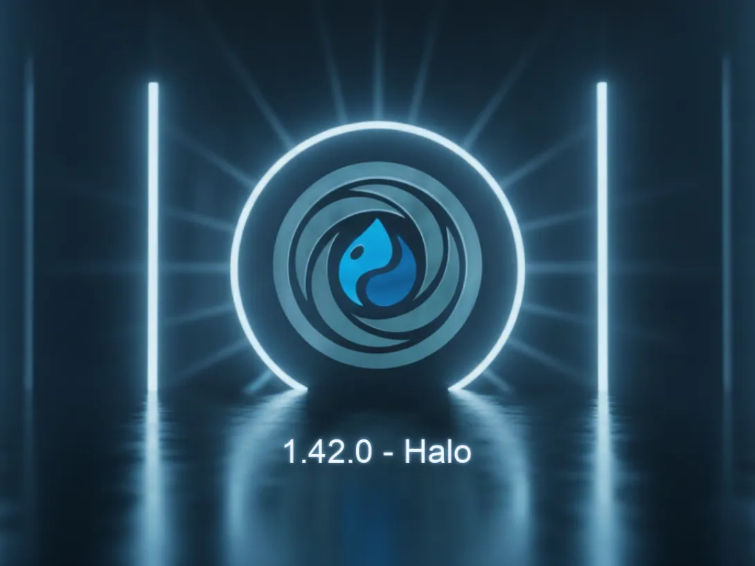 The Vortex logo inside a glowing ring in a dark hall of light bars, with the label '1.42.0 - Halo' beneath it