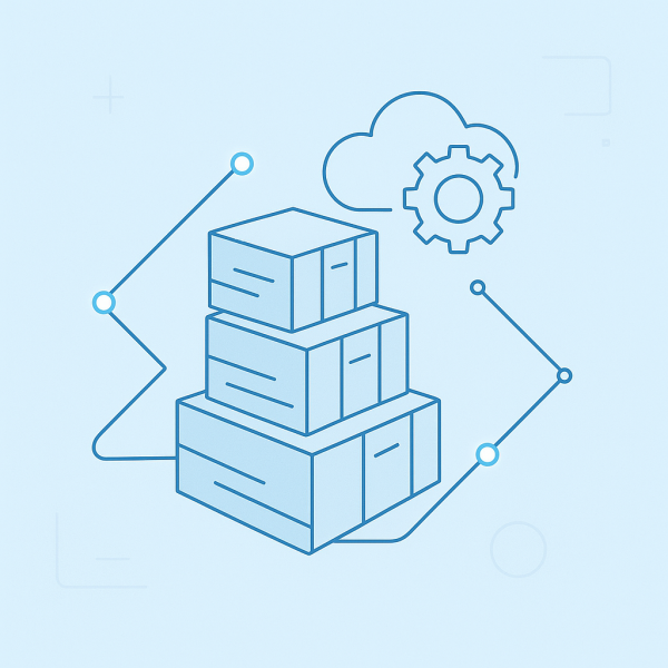 Stacked boxes with cloud and gear icons, connected by lines.