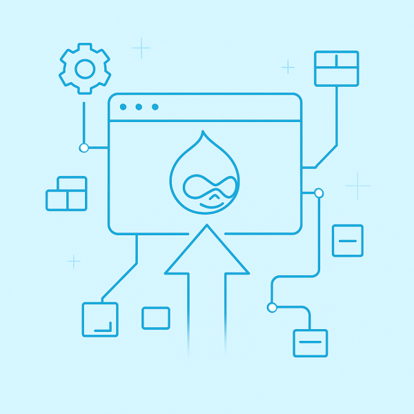 Web graphic of a Drupal logo on a webpage, connected to tech icons.